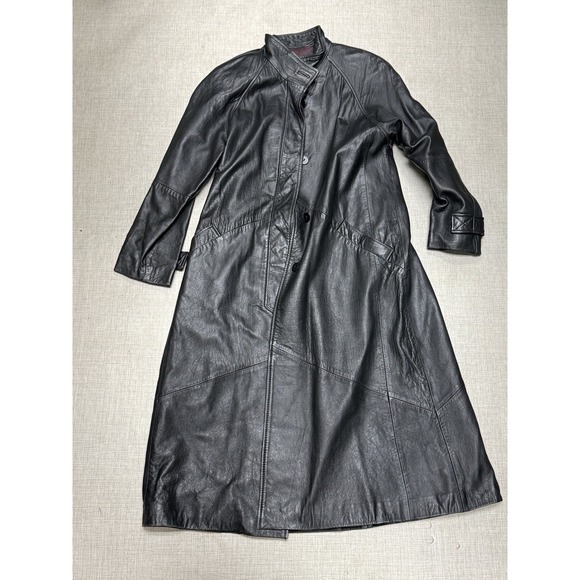 Vintage Jackets & Blazers - Vintage Black Leather Trench Coat Women Size L Good Longline Matrix Goth